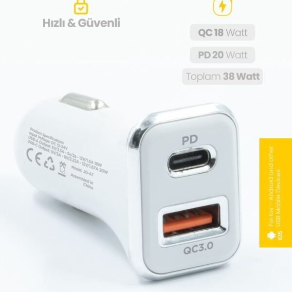 Jopus Universal Type C JO-A7 Troff PD 3.0 20W USB / PD Araç Sarji